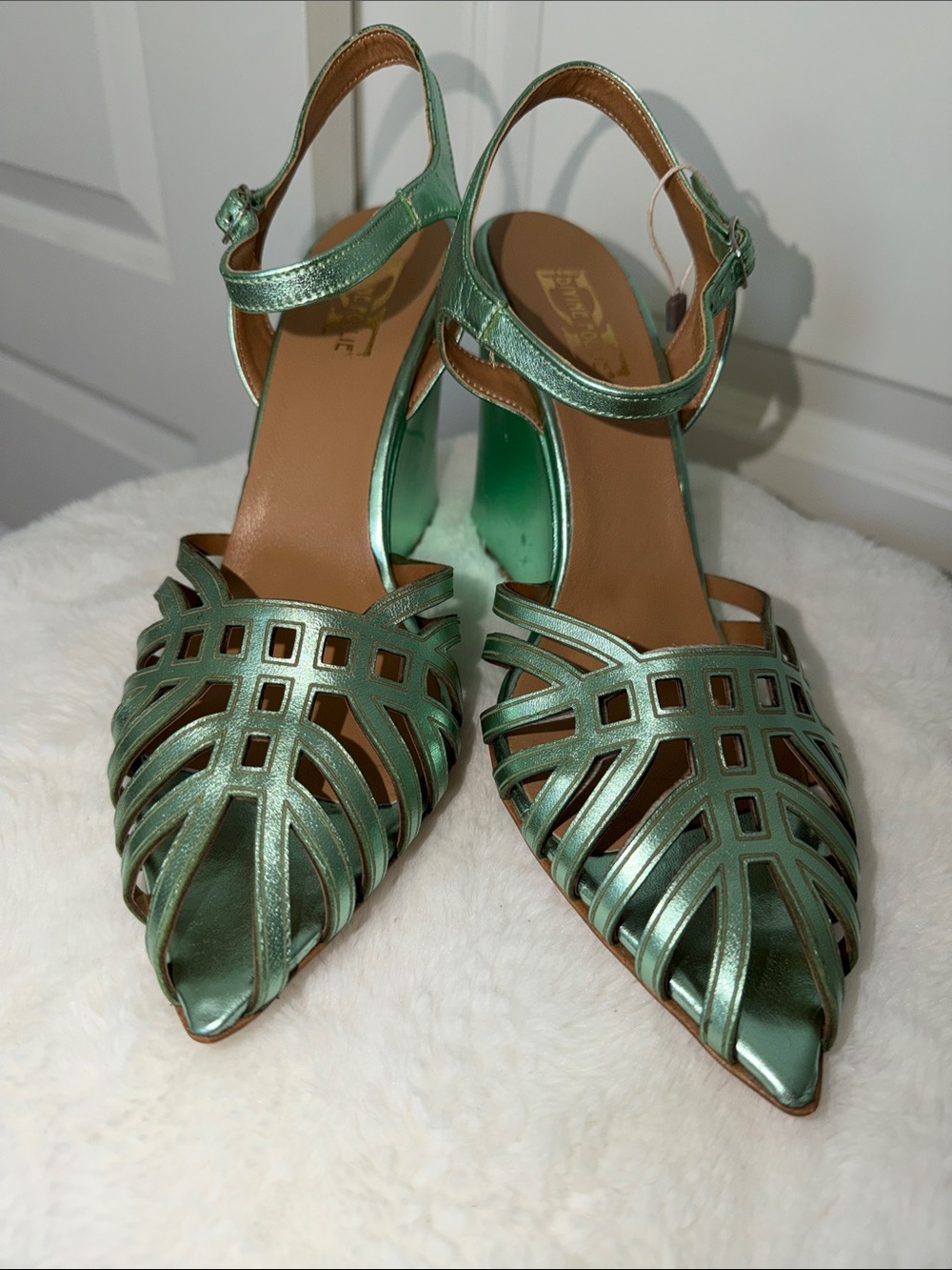 Metallic Green Pointed-Toe Strappy Heels with Ankle Strap